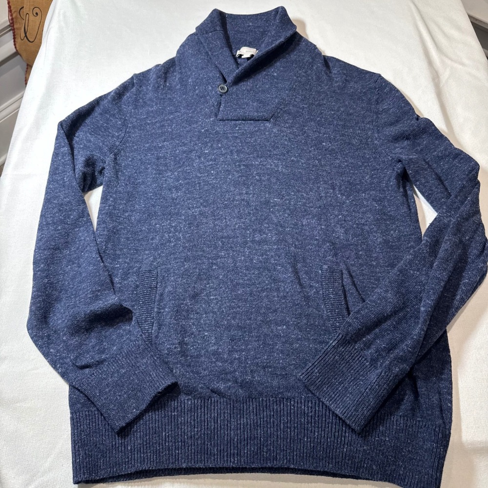 GAP Men Shawl Collar Sweater Blue Marled Knit Pullover Long Sleeve Size L Cotton